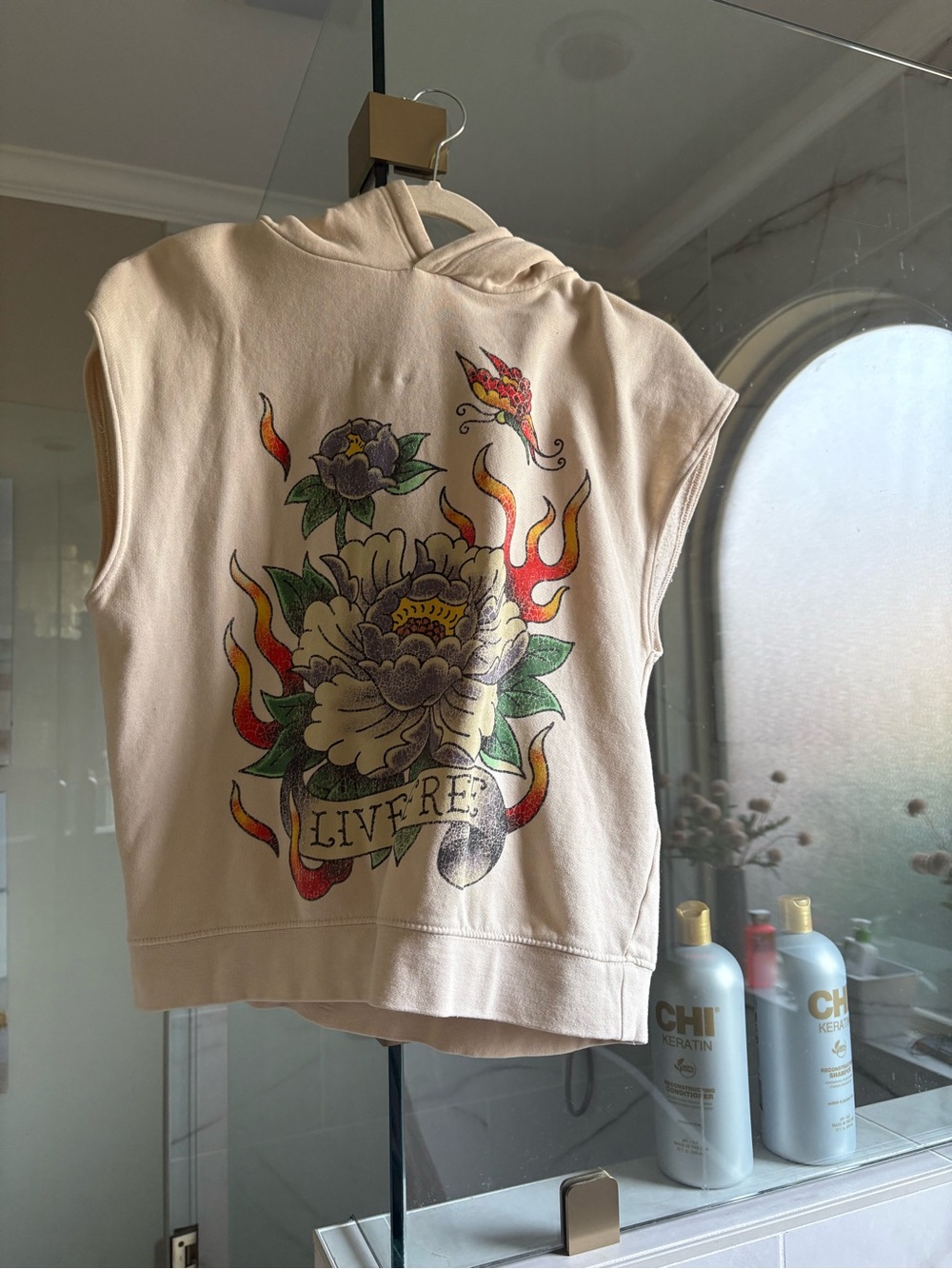 Sleeveless Cream Hoodie with Floral Flame Back Graphic